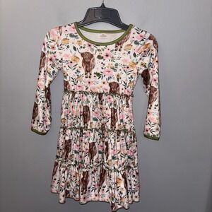 Girl's  Boutique Long Sleeve Tiered Dress Floral Highland Cow Size 7/8 EUC